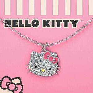 NWT HELLO KITTY Sanrio Sparkly Pave Crystal Pendant Necklace Silver Pink Bow